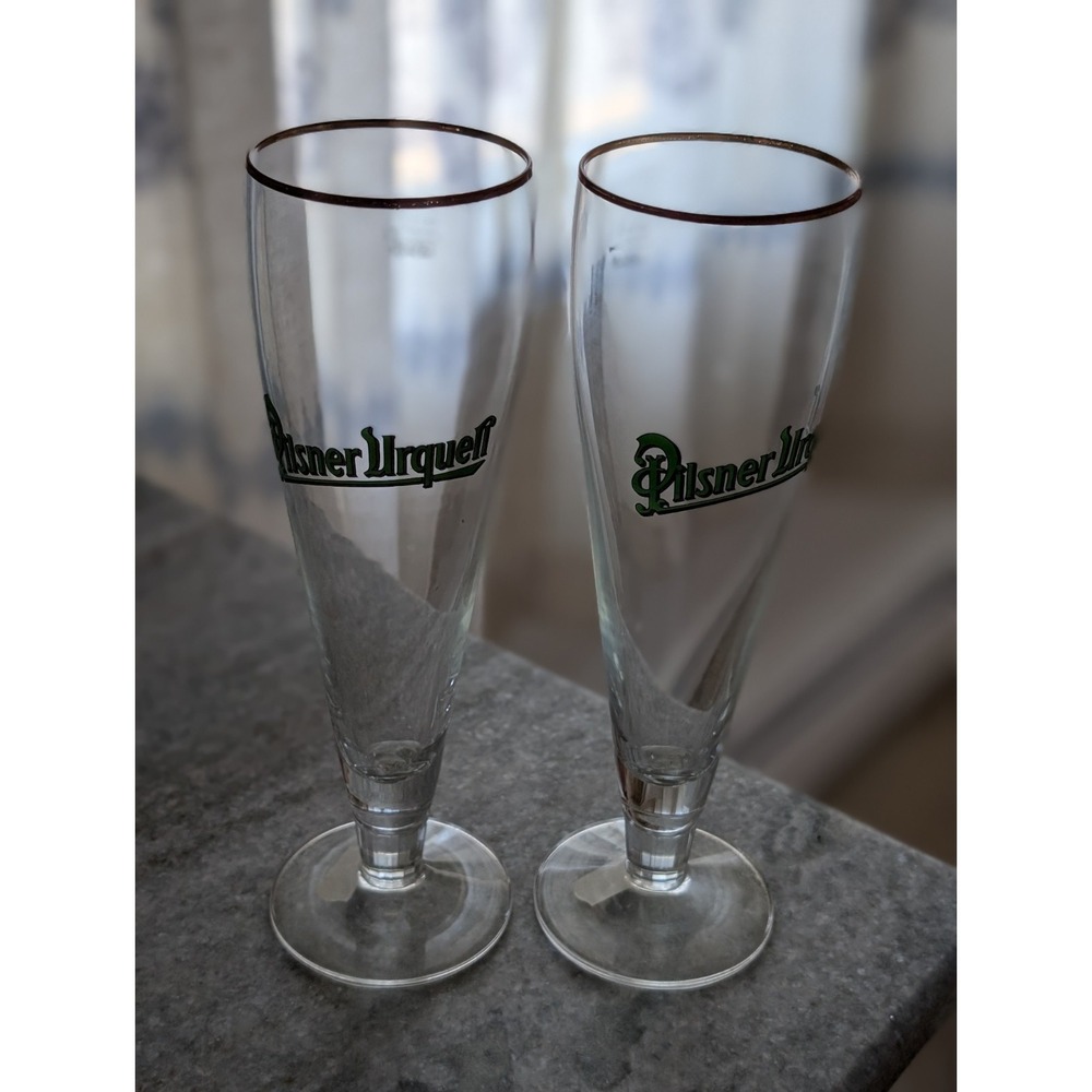 Set Of 2 New Pilsner Urquell‎ Logo Beer Glasses, Germany Rastal, Gold Rimmed